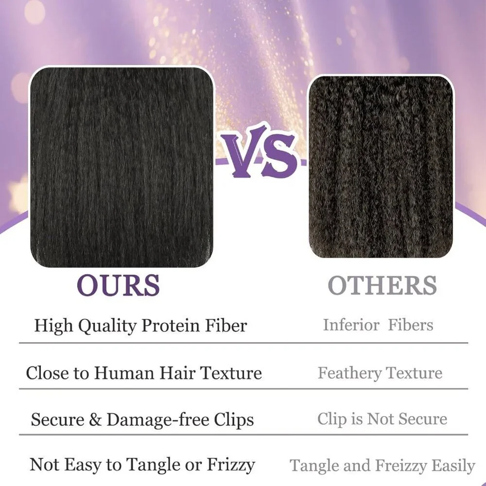 Kinky Straight Clip-In Hair Extensions Protein Fiber 20 Inch Black Women